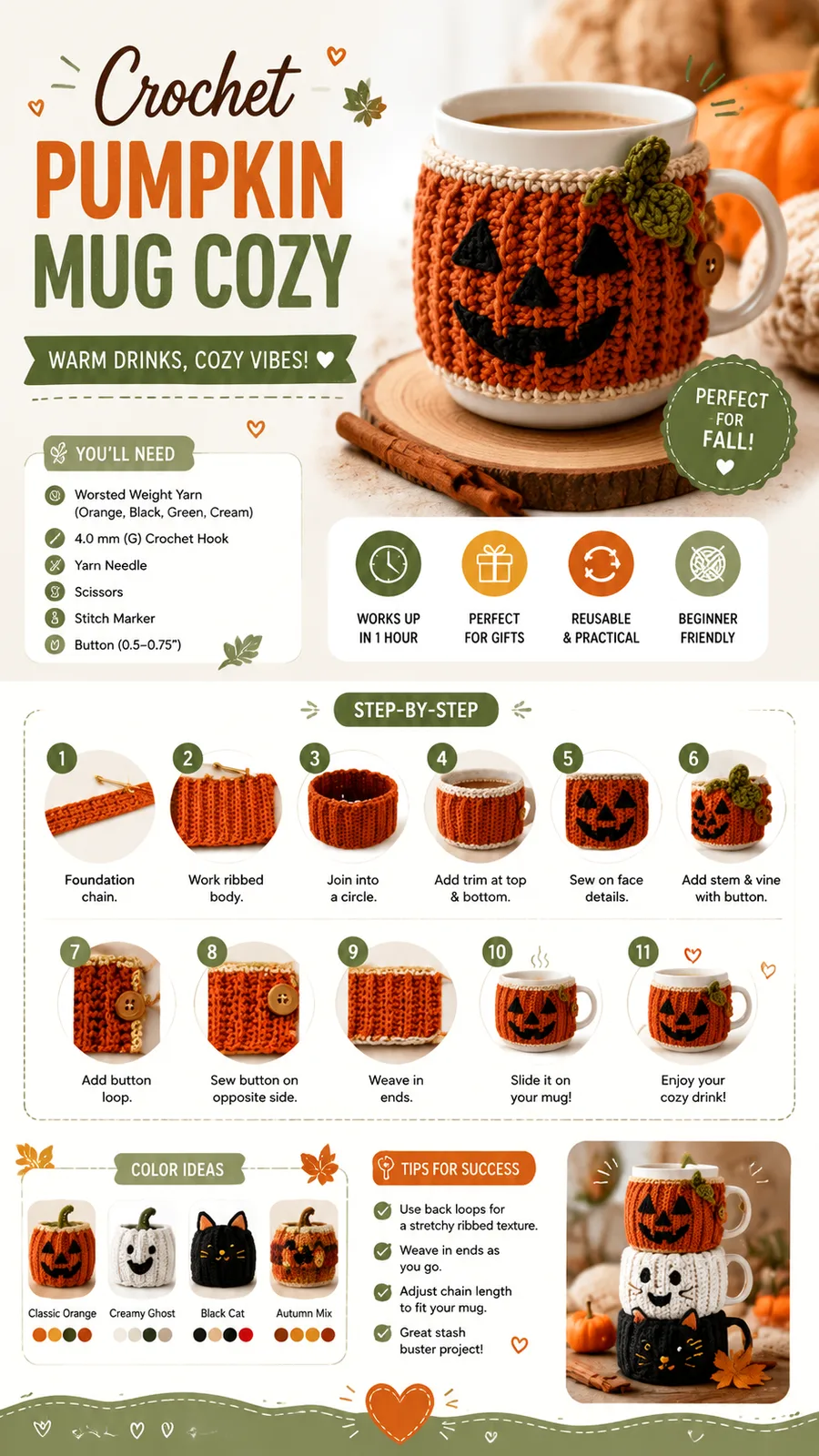 Textured pumpkin mug cosy in half double crochet